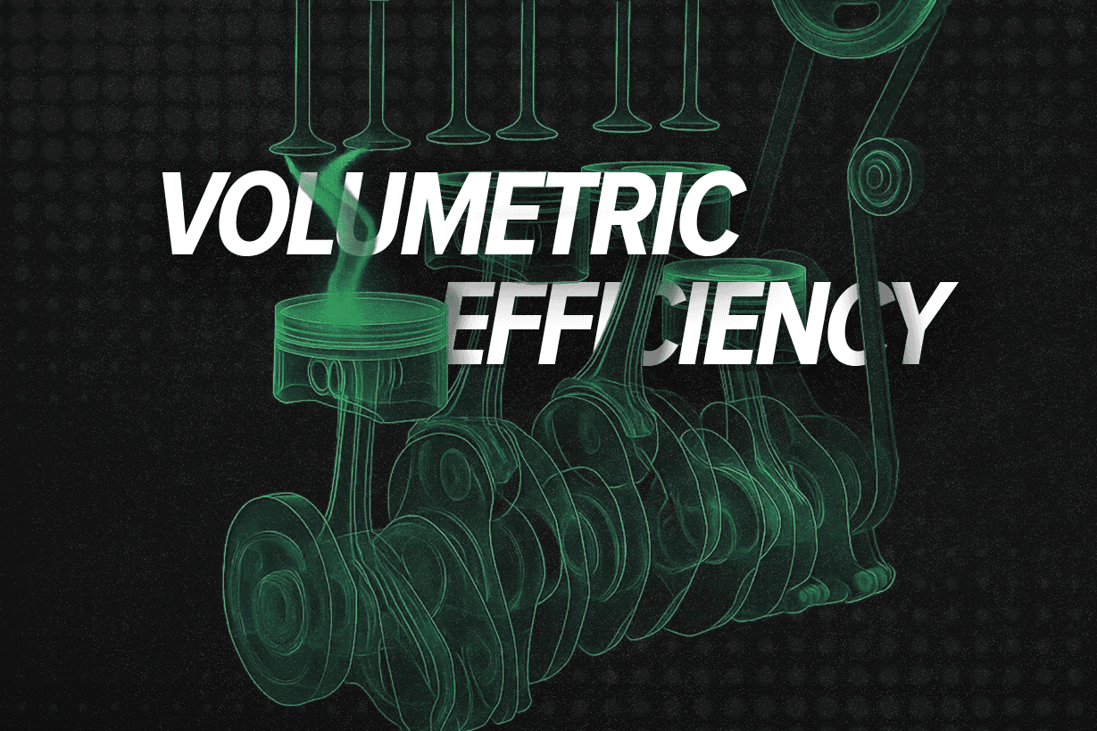 Stylised engine diagram showing pistons and airflow, with text overlay reading Volumetric Efficiency for article cover.