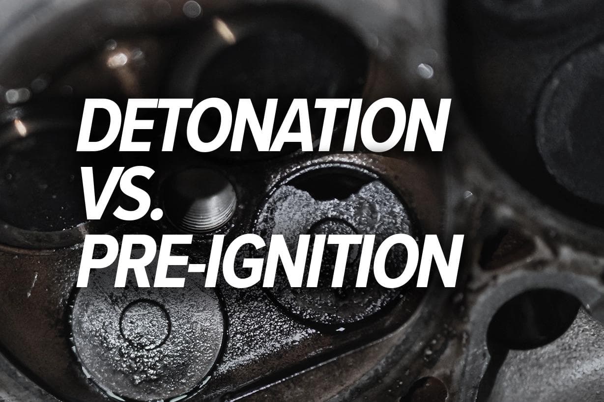 Close-up of damaged engine valves and combustion chamber with the text Detonation vs Pre-Ignition used as the article cover image.